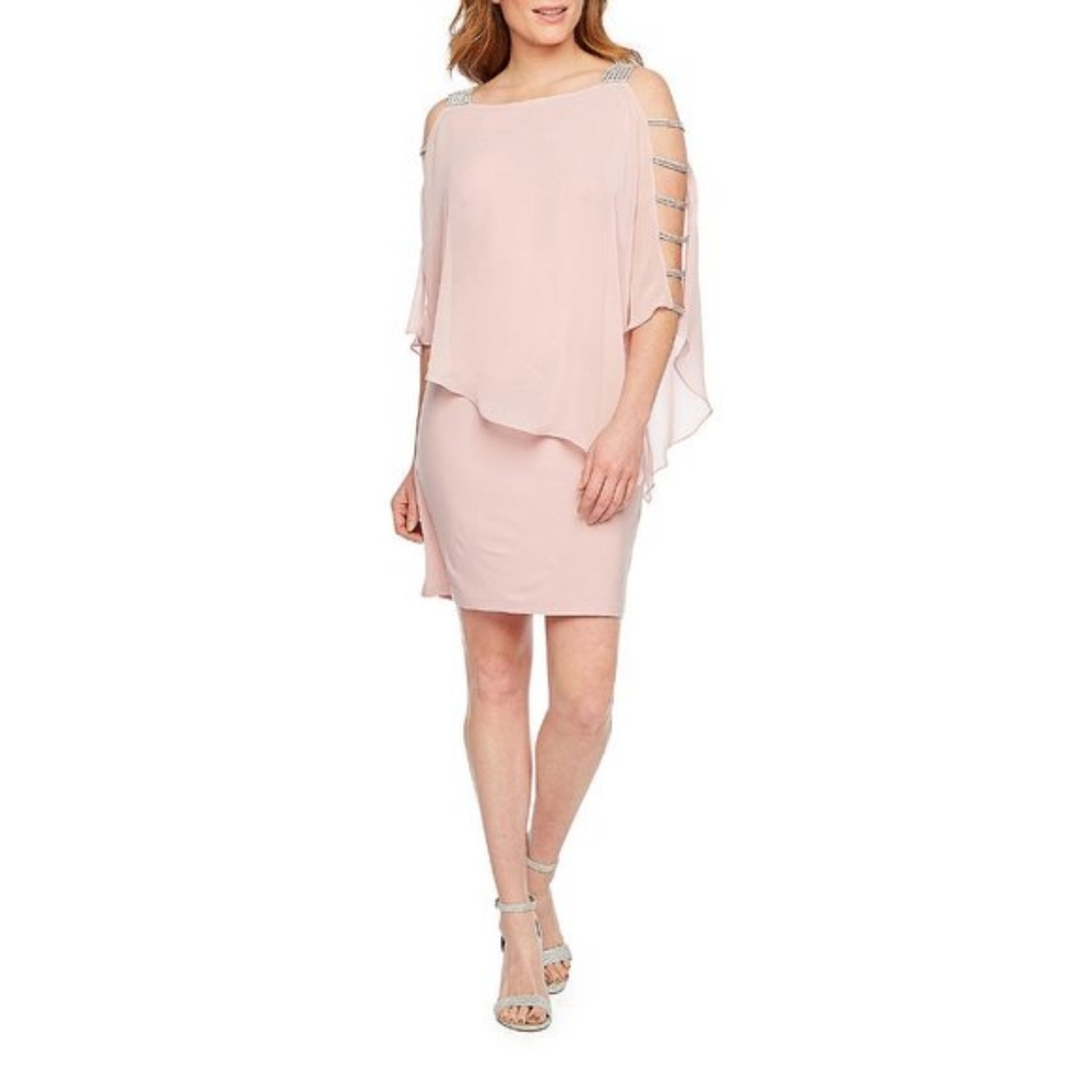 Msk Women's Embellished Sleeve Cocktail Sheath Dress in XL Pink Chiffon Color
